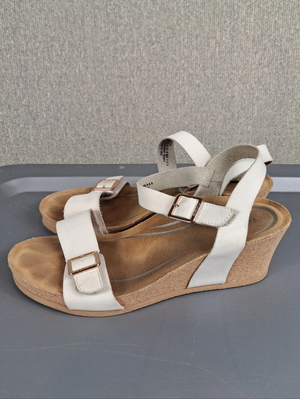 Aetrex Lexa Quarter Strap Cork Wedge Sandals Ivory Leather Built-in Orthotic